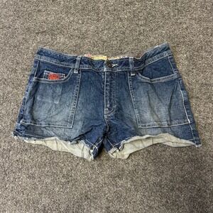 Oxygen Shorts Womens Size 7 Blue Denim Low Rise Patch Pocket Raw Hem Stretch